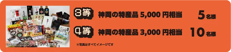 3等神岡の特産品5,000円相当　5名様　4等神岡の特産品3,000円相当　10名様