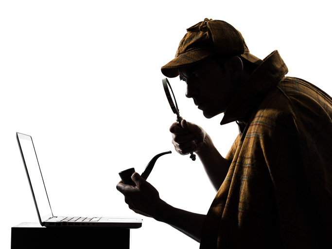 Sherlock Holmes laptop computer silhouette in studio on white background